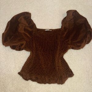 AE Brown Velour Smocked Puff Sleeve Blouse